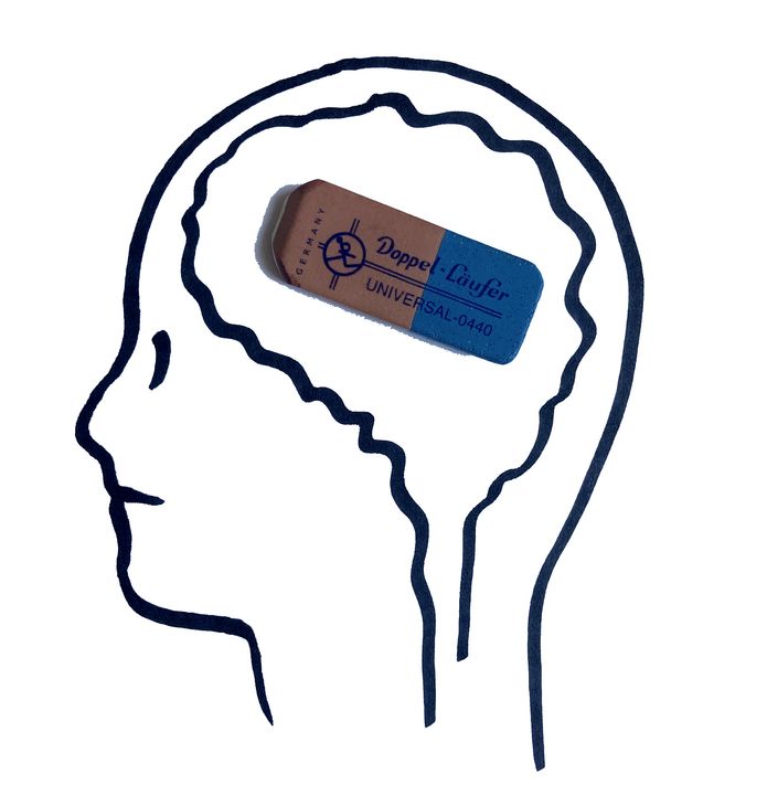 Zeichnung eines Kopfes mit Radiergummi im Gehirn platziert