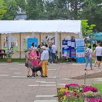 Ein großes weißes Zelt ist im Bildmittelpunkt zu sehen, dieses steht im Brunnenpark des Pfalzklinikum. Zusätzlich sind weitere Pavillons und Stände sowie Menschen zu sehen.