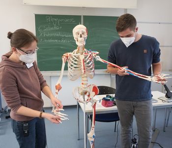 Lehrerin und Auszubildender an einem künstlichen Skelett